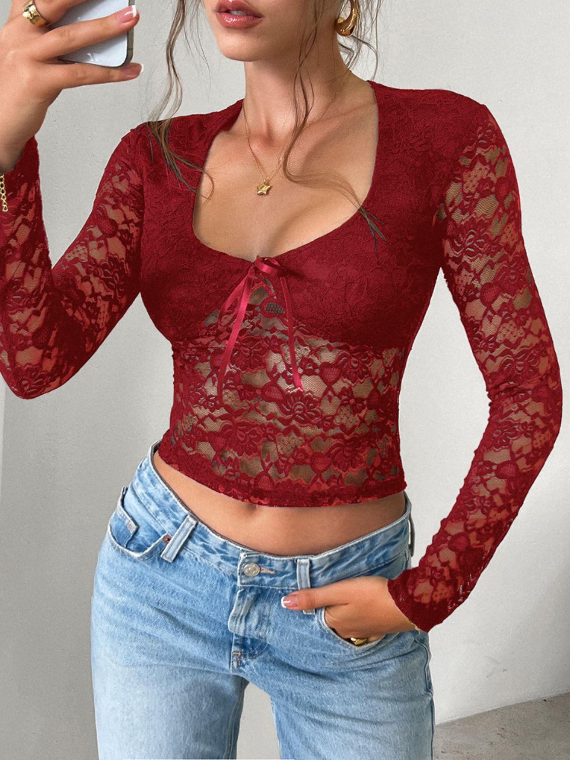 Devine Scoop Neck Long Sleeve Lace Top