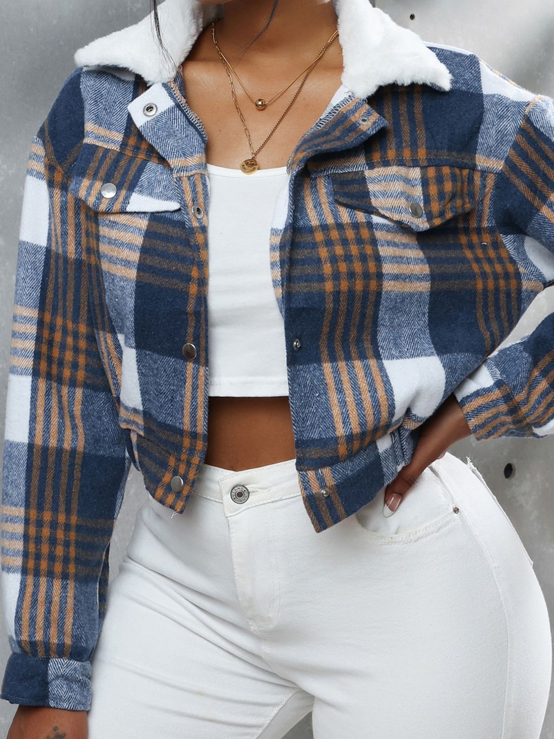 Plaid Snap Down Collared Neck Cropped Jacket