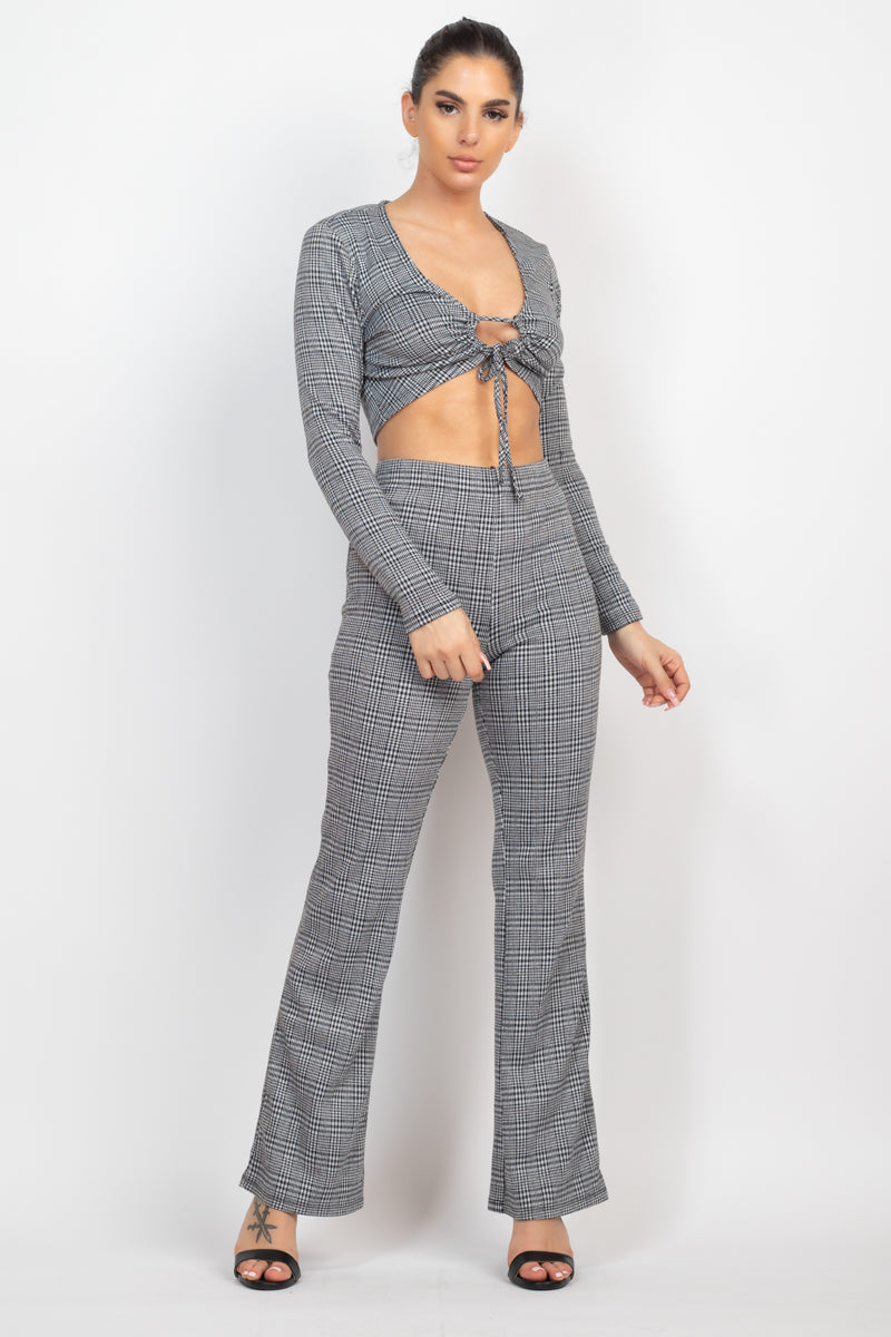 Plaid Cut-out Long Sleeve Top & Pants Set